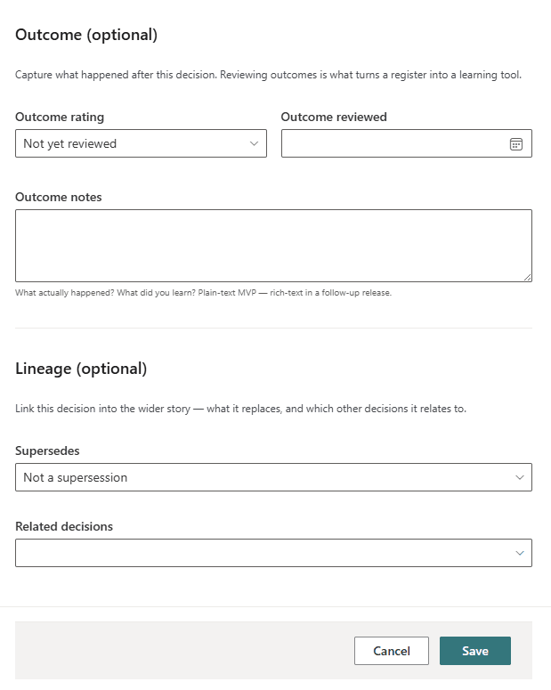 Decision Planner: bottom half of the New decision form, starting at the Outcome (optional) heading. Outcome section (rating, reviewed date, notes) and Lineage section (supersedes, related decisions), with Cancel and Save action bar at the bottom