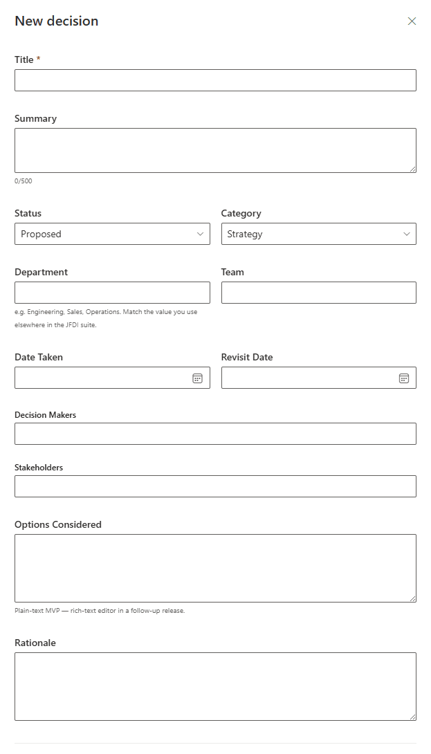 Decision Planner: top half of the New decision form. Fields: Title, Summary, Status, Category, Department, Team, Date Taken, Revisit Date, Decision Makers, Stakeholders, Options Considered, Rationale